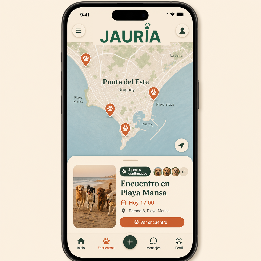 Mockup del mapa de Jauría con pines de encuentros de perros en Punta del Este